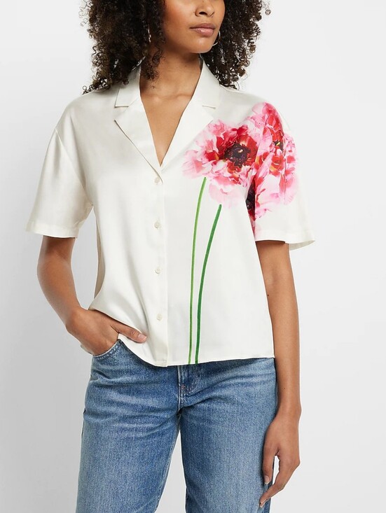 Express Tops - Express Short-Sleeve Floral Boxy Silk-Blend Button-Up Top